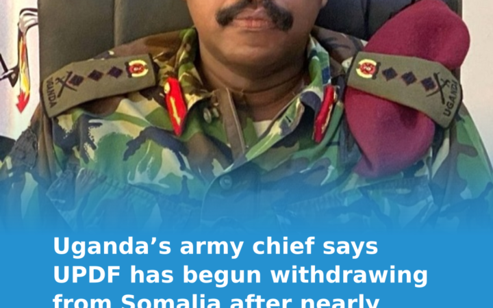 Daily Somalia poster featuring General Muhoozi Kainerugaba announcing that Ugandan troops have begun withdrawing from Somalia.
