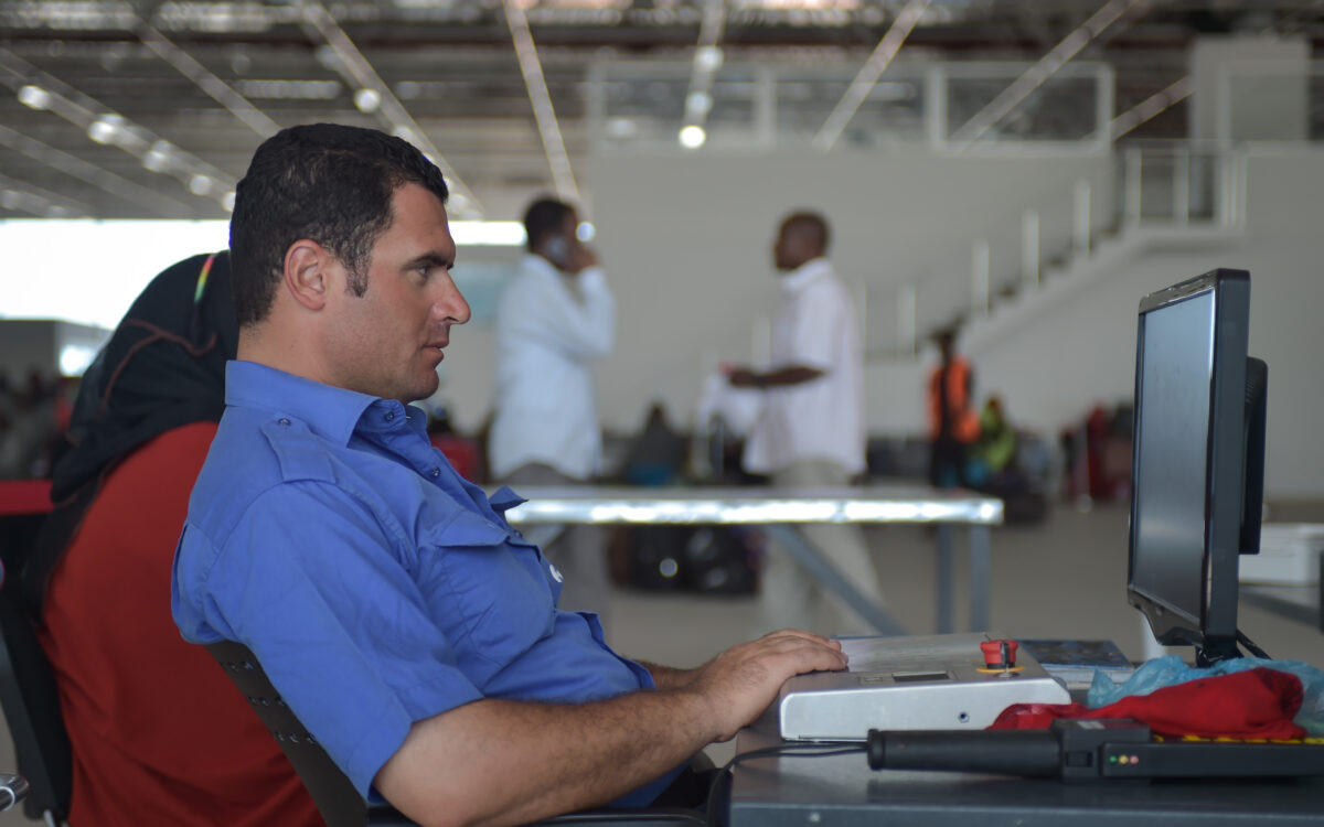 A security worker monitors baggage screening at Aden Adde Airport in Mogadishu in April 2016.