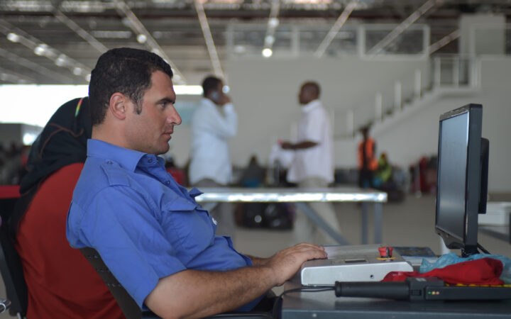 A security worker monitors baggage screening at Aden Adde Airport in Mogadishu in April 2016.