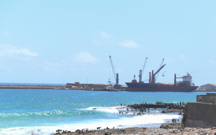 Cargo ship and cranes at Mogadishu seaport in 2021.