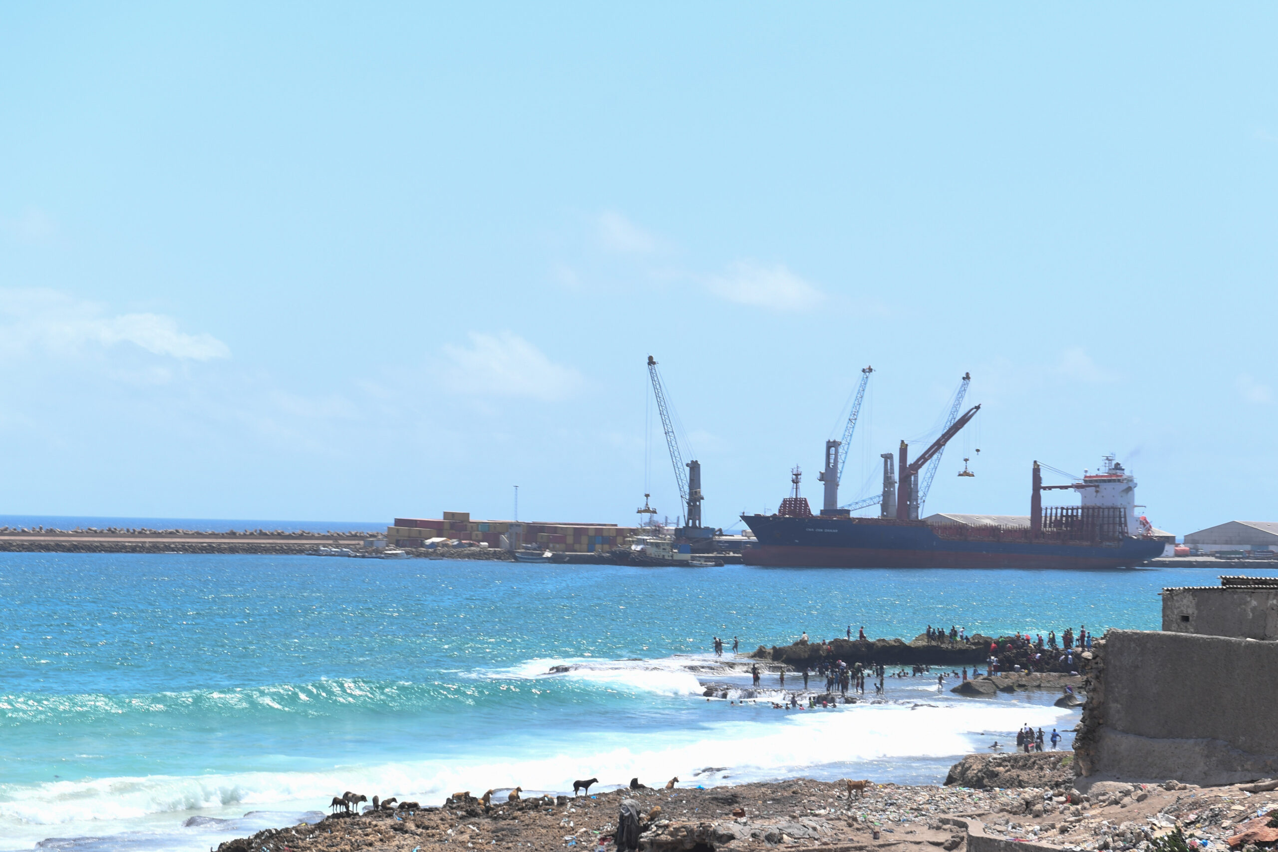 Cargo ship and cranes at Mogadishu seaport in 2021.
